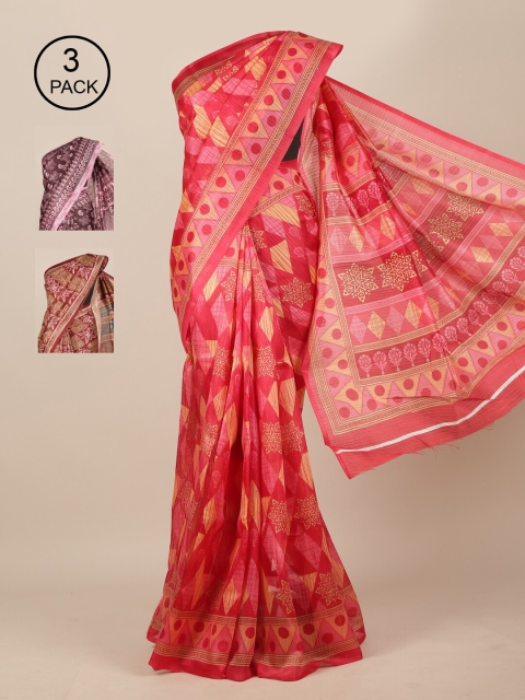 

Pothys Pink & Brown Pack of 3 Jute Silk Sarees