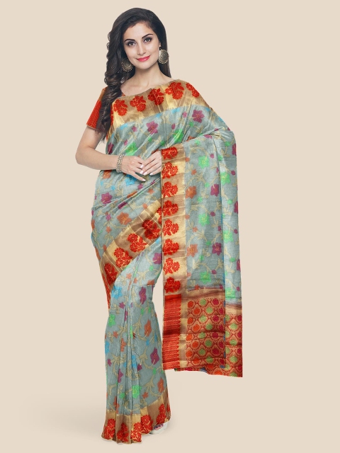 

Kalamandir Grey & Red Floral Zari Silk Blend Banarasi Saree