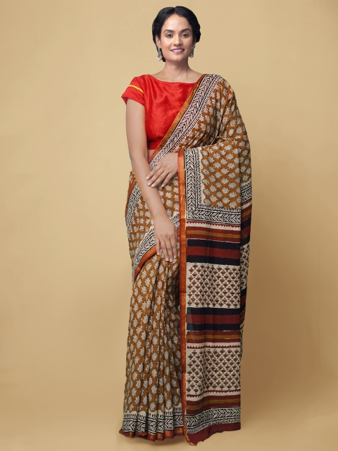 

Unnati Silks Women Brown & Off White Pure Bagru Printed Mulmul Cotton Sustainable Saree