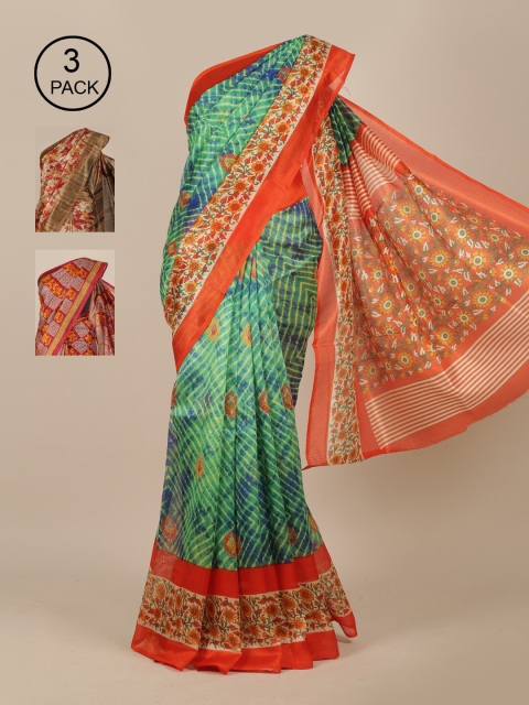 

Pothys Green & Cream-Coloured Pack of 3 Jute Silk Sarees