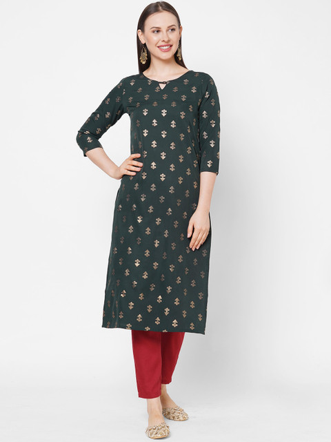 

Os Women Green Ethnic Motifs Printed Keyhole Neck Indie Prints Crepe Kurta