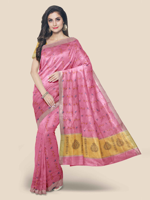

Kalamandir Pink & Yellow Floral Linen Blend Saree