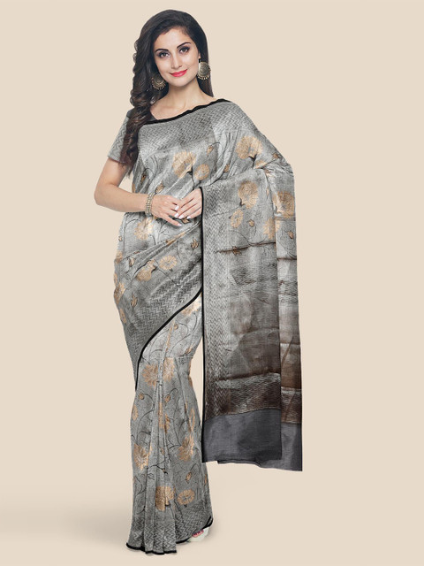 

Kalamandir Silver & Gold-Toned Floral Tissue Saree