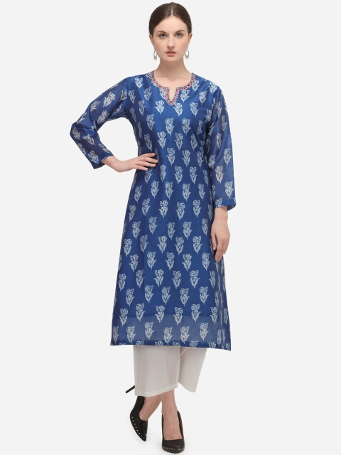 

Seerat Women Blue Ethnic Motifs Printed Chanderi Silk Kurta with Trousers