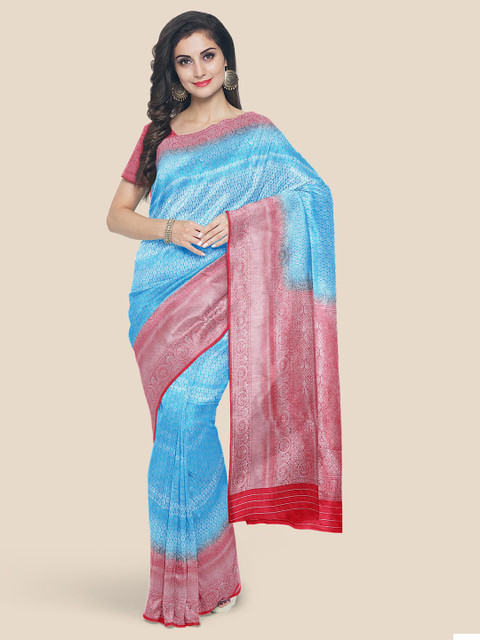 

Kalamandir Blue & Pink Ethnic Motifs Zari Silk Blend Banarasi Saree