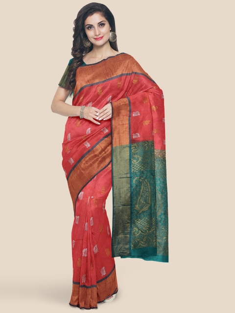 

Kalamandir Red & Green Ethnic Motifs Zari Silk Blend Kanjeevaram Saree