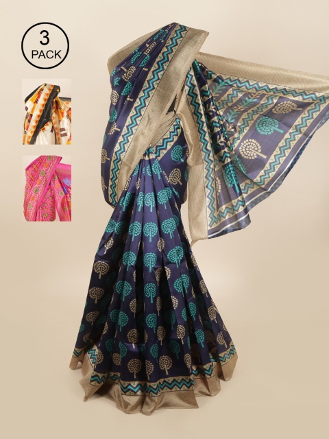

Pothys Pack of 3 Ethnic Motifs Jute Silk Sarees, Blue