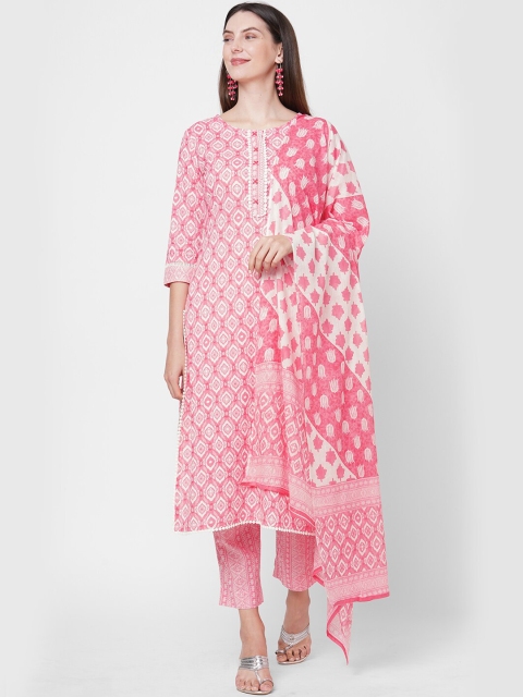 

FASHOR Women Pink Ethnic Motifs Printed Pure Cotton Kurti with Trousers & Dupatta