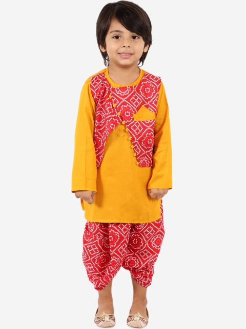 

KID1 Boys Red & Yellow Printed Pure Cotton Kurta with Dhoti Pants With Attached Jacket