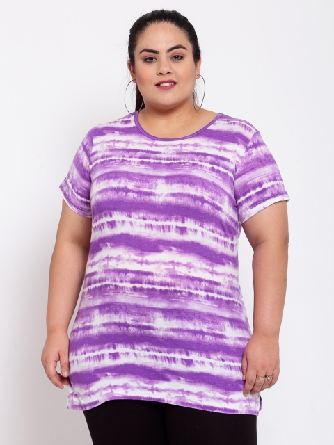 

plusS Women Purple Striped Extended Sleeves Raw Edge T-shirt