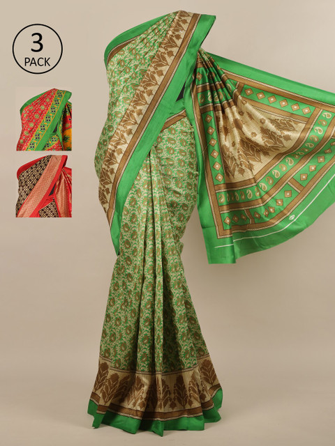 

Pothys Pack of 3 Ethnic Motifs Jute Silk Sarees, Green