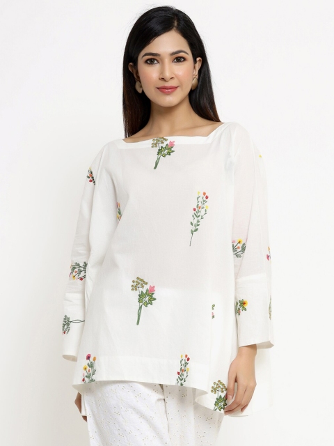 

VRISA Off White Floral Embroidered Kaftan Top