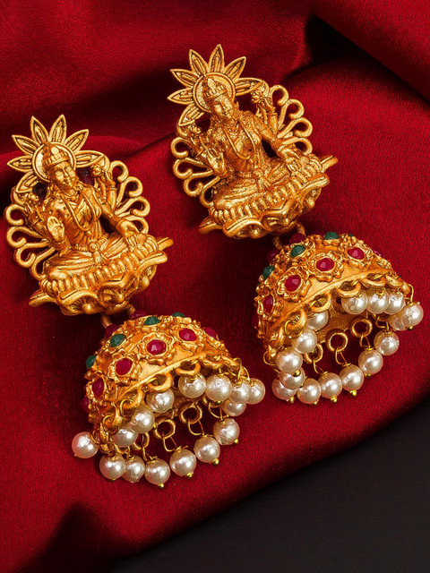 

aadita Women Green & Red Gold-Toned Pearls Studded Contemporary Jhumka Earrings