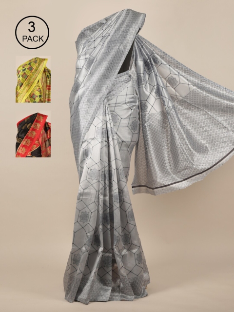 

Pothys Grey & Green Pack of 3 Ethnic Motifs Jute Silk Saree