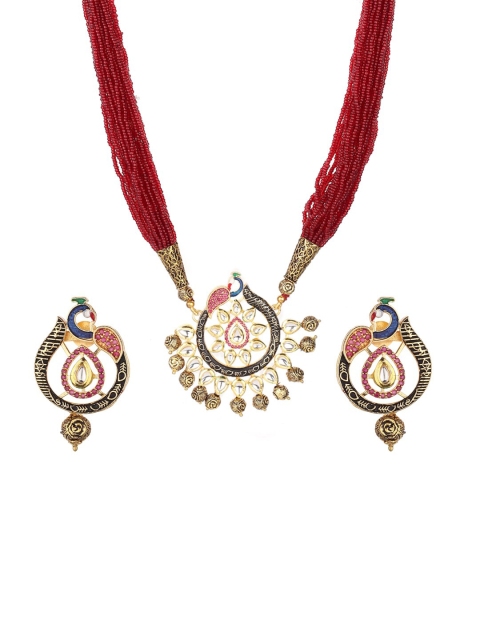 

Runjhun Gold-Plated Maroon & White Kundan & Stone-Studded eaded Peacock Design Jewellery Set