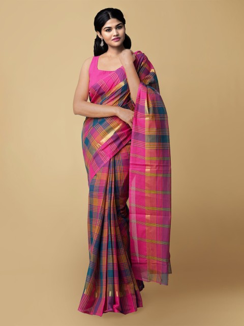 

Unnati Silks Pink & Blue Checked Pure Cotton Mangalagiri Saree