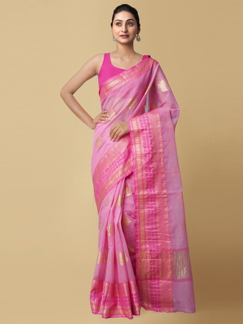 

Unnati Silks Pink & Gold-Toned Ethnic Motifs Silk Cotton Kota Saree