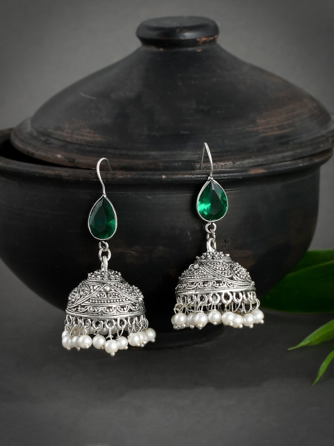 

Silvermerc Designs Silver-Toned & Green Dome Shaped Jhumkas Earrings