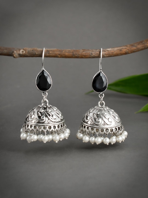 

Silvermerc Designs Silver-Plated & Black Stone Studded Dome Shaped Jhumkas Earrings
