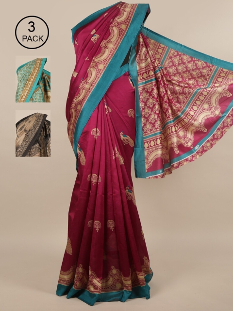 

Pothys Pack of 3 Ethnic Motifs Jute Silk Sarees, Purple