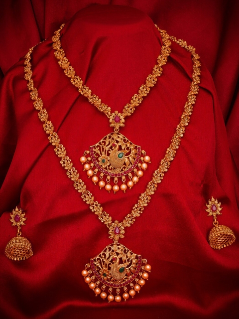 

aadita Gold-Plated Pink & Green Stone-Studded & Beaded Temple Jewellery Set