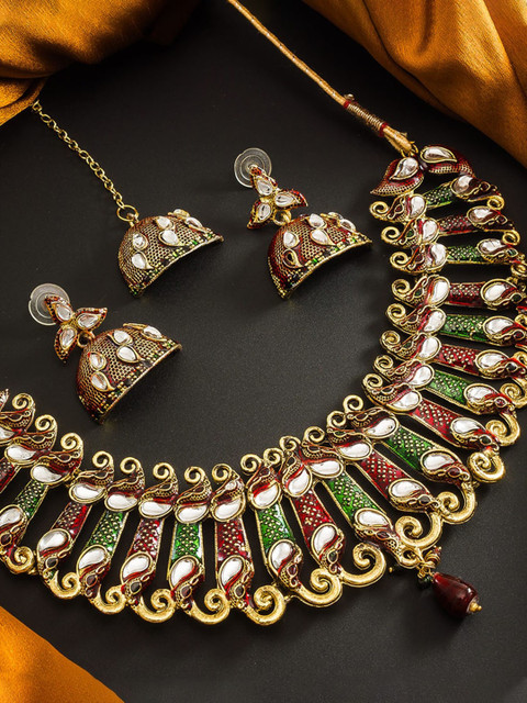 

aadita Gold-Plated & White Pearls American Diamond-Studded Jewellery Set