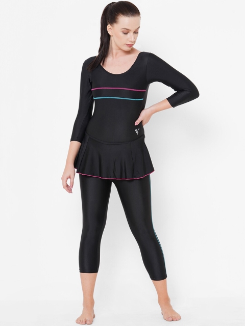 

VELOZ Women Black Solid Swimming Dress With Attached Three-Fourth Length Tights
