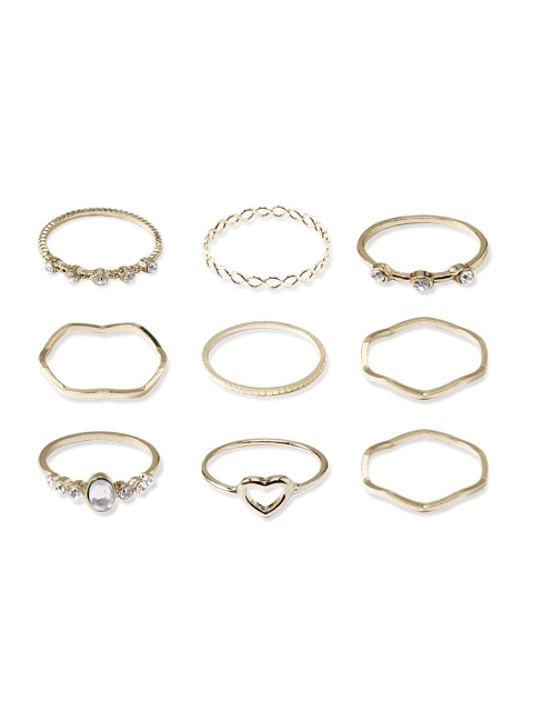 

YoungWildFree Set Of 9 Gold-Plated White Rhinestone-Studded Finger Rings