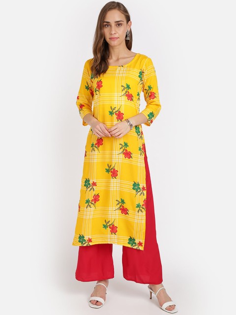 

SAADHVI Women Yellow Floral Printed Crepe Kurta