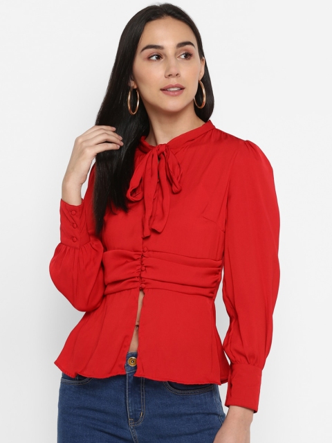 

FOSH Women Red Tie-Up Neck Satin Empire Top