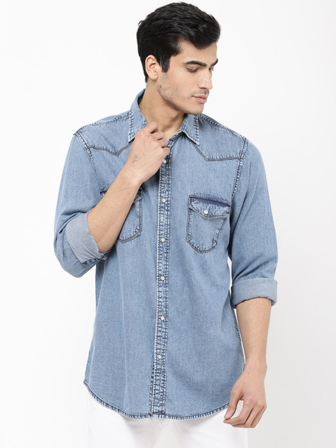 

STROP Men Blue Faded Casual Denim Shirt