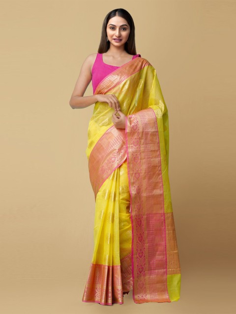 

Unnati Silks Yellow & Pink Ethnic Motifs Zari Silk Cotton Kota Saree