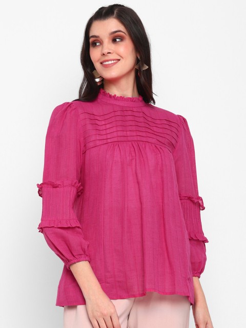 

BLANC9 Pink Ruffles Linen A-Line Top