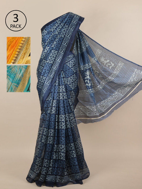 

Pothys Pack of 3 Ethnic Motifs Jute Silk Sarees, Blue