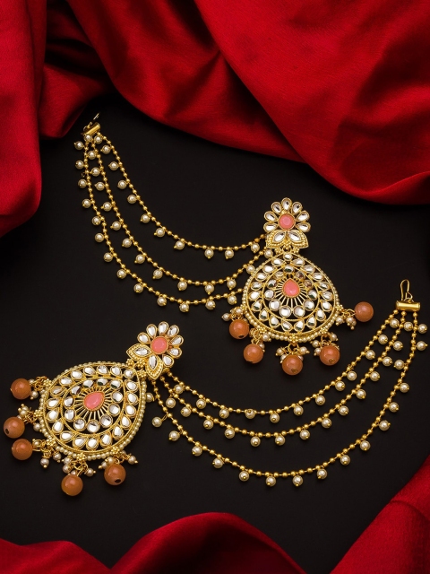 

aadita Gold-Toned Classic Chandbalis Earrings with Hair Chain