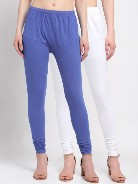 

KLOTTHE Women Pack of 2 Blue & White Solid Cotton Churidar-Length Leggings
