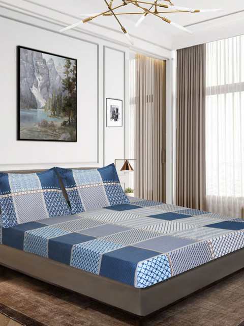 

Aura Blue & Grey Geometric 160 TC Queen Bedsheet with 2 Pillow Covers