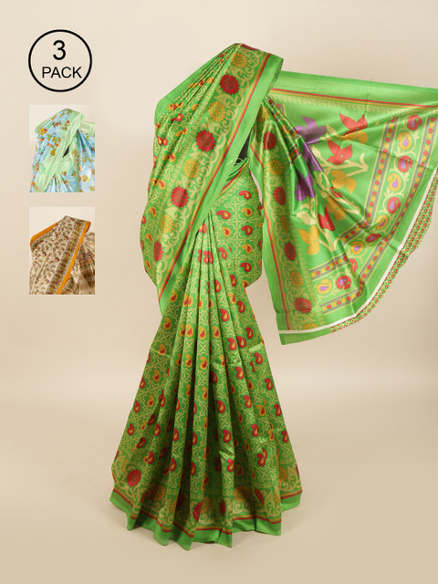 

Pothys Pack of 3 Ethnic Motifs Jute Silk Sarees, Green