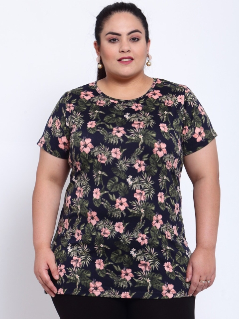 

plusS Women Navy Blue Floral Printed T-shirt