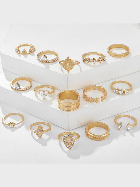 

YoungWildFree Set Of 15 Gold-Plated White Rhinestone-Studded Finger Rings