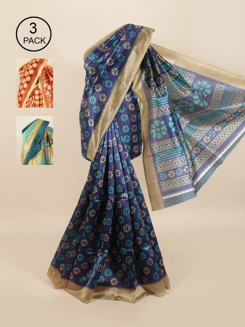 

Pothys Pack of 3 Ethnic Motifs Jute Silk Sarees, Blue