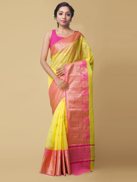 

Unnati Silks Yellow & Pink Woven Design Zari Silk Cotton Kota Saree