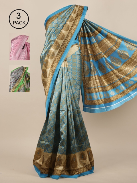 

Pothys Blue & Pink Pack of 3 Ethnic Motifs Jute Silk Saree