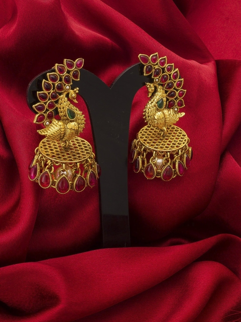 

aadita Gold-Toned & Red Peacock Shaped Drop Earrings