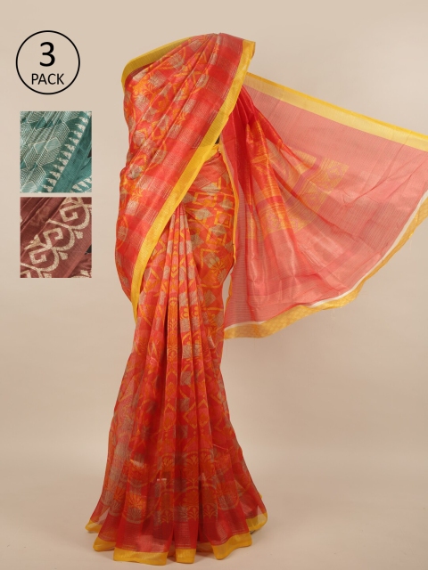 

Pothys Pack of 3 Ethnic Motifs Jute Silk Sarees, Orange