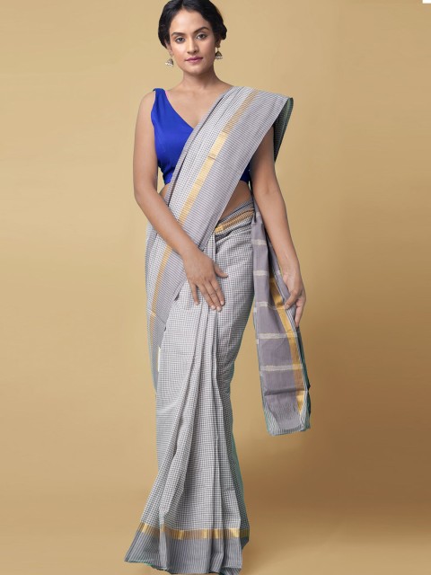 

Unnati Silks Grey & White Checked Zari Pure Cotton Mangalagiri Saree