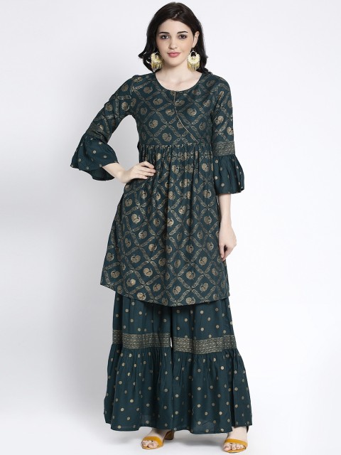 

ANAISA Women Green Ethnic Motifs Printed Angrakha Kurta with Sharara