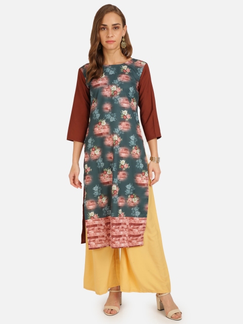 

SAADHVI Women Brown & Green Floral Printed Crepe Kurta