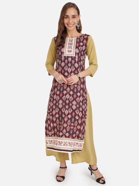 

SAADHVI Women Burgundy & Beige Ethnic Motifs Printed Crepe Kurta