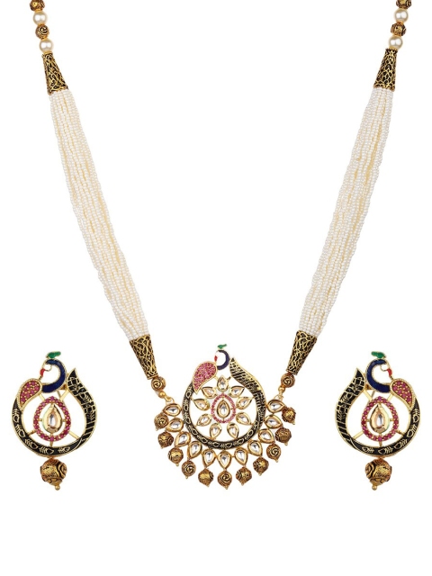 

Runjhun Gold-Plated White & Black Stone-Studded & Pearl Beaded Meenakari Jewellery Set